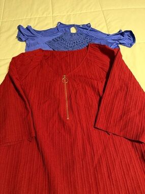 Women's Red Ribbed V-Neck Top with Gold Zip